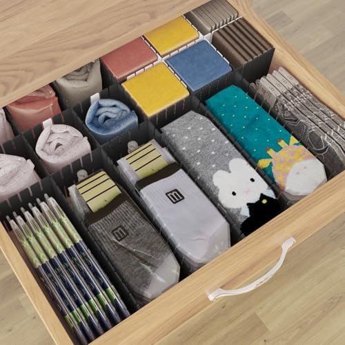 ALBAD Plastic Drawer Dividers Adjustable Drawer Organizer Dividers Separator for Tidying Clutter/Cutlery/Underwear/Socks/Clothes/Dresses/Boxes/Bins in Kitchen Bathroom Bedroom Office (Black, 42)