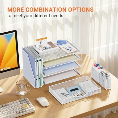 4-Tier Desk File Organizer with Drawer & Pen Holder (White)