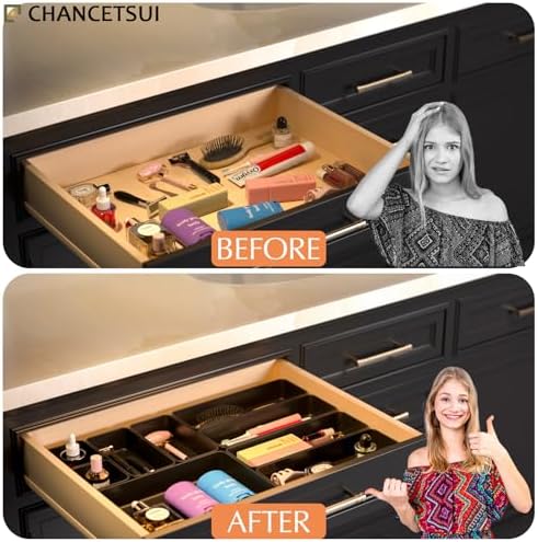 Black Bathroom Drawer Organizer Trays: 9 PC Stackable Desk Organizers Bin