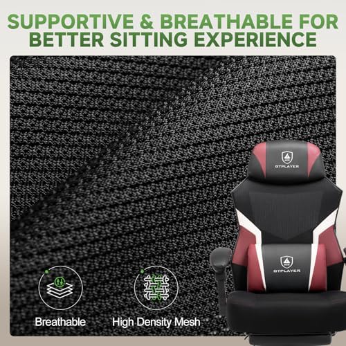 GTPLAYER Gaming Chair, Mesh Office Chairs with Footrest for Adults, Big and Tall Gamer Ergonomic Computer Chair with Height Adjustable (Red)