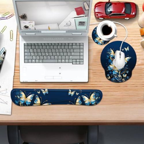 Keyboard Wrist Rest and Mouse Pad Wrist Support Set with Coaster,Ergonomic Mouse Pad,Comfortable for Easy Typing, Pain Relief,Memory Foam Keyboard Pad Set for Laptop Mac,Gold Butterflies