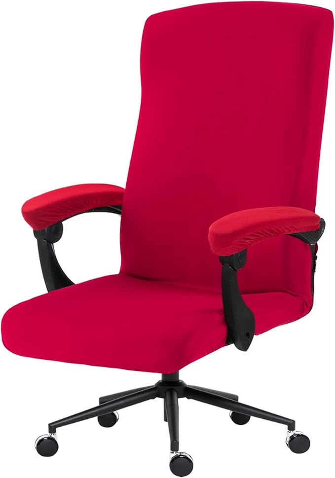 Stretch Computer Office Chair Cover with Armrest Covers Durable Zipper Universal Washable Removable Spandex Rotating Boss Chair Slipcovers Anti-dust Soft Desk Chair Seat Protector, Red