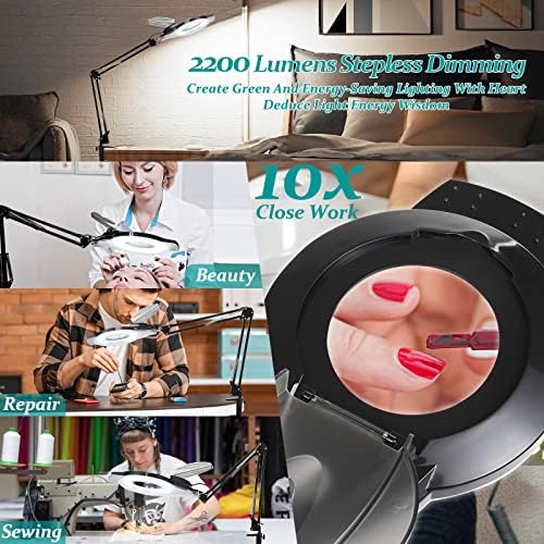 10X & 2200 Lumens Magnifying Glass with Light and Clamp, Black