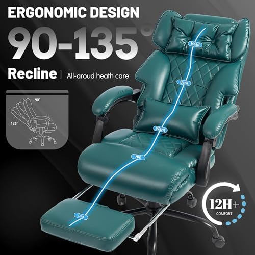 Massage Office Chair with Foot Rest,6 Points Vibration&Heat Executive Office Chairs,Big and Tall Office Chair 500LBS,Ergonomic Desk Chair for Heavy People,Home and Office Computer Chair,Green PU
