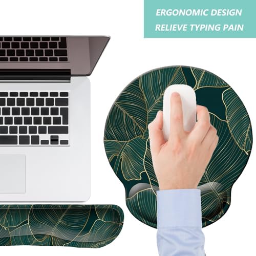 Keyboard Wrist Rest Pad Mouse Pad with Wrist Support Set of 3, Mousepad with Non-Slip Rubber Base, Ergonomic Memory Foam Mouse Wrist Cushion Support for Home Office Laptop Computer, Green Leaves