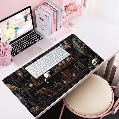 Dark Witchy Desk Mat Gaming Desk Pad Large Mouse Pad, Magician'S Fantasy Bookcase Gothic Mouse Mat XXL Laptop Keyboard Pad, Laptop Keyboard and Mouse Mat Desktop Protector Mat 31.5 X 15.7 in
