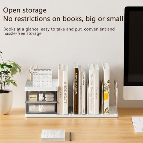 Desk Organizer with Bookends, Desktop Storage Box with 2 Drawers (White)