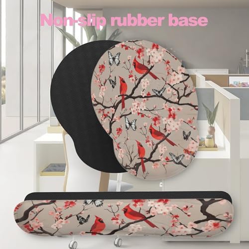 Cardinal Cherry Blossom Butterfly Keyboard Wrist Rest Pad and Mouse Pad Wrist Support Set,3-in-1 Ergonomic Mouse Pad with Non-Slip Rubber Base for Home Office Game Computers Desk,