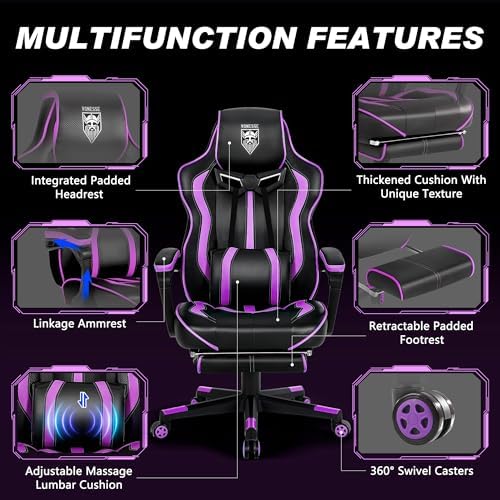 Vonesse Purple Gaming Chair with Footrest, Reclining Computer Gaming Chairs for Adults, Ergonomic Gamer Chair with Massage, Big and Tall PC Game Chair(Purple/Black)