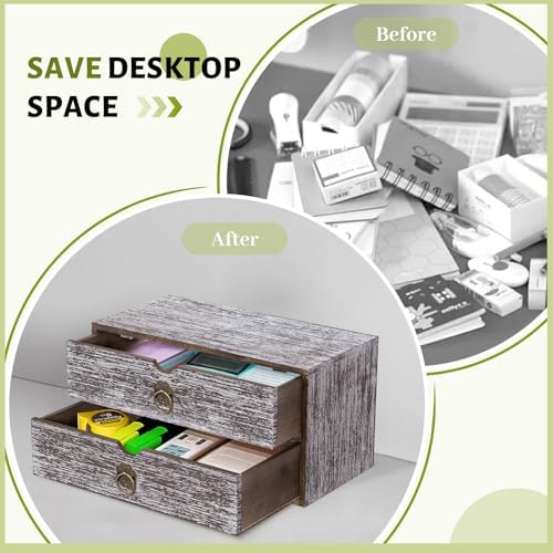 Wood Desk Organizer, Washed Brown Wooden Desktop Organizer with Drawer, Tabletop Storage Organization Box for Countertop, Home Office Supplies, Bills, 13.3 x 6.5 x 7 Inches(2 Drawer)