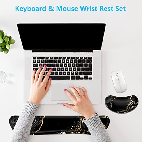 Dapesuom Enlarge Keyboard Wrist Rest, Memory Foam Wrist Cushion for Desk Mats Support, Marble Pain Relief Keyboard Mouse Pad Rests Set with Non-Slip Base for Gaming Laptop Office Computer, Black Gold