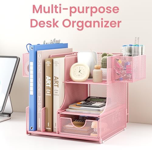 Lavatino Desk Organizer – 4-in-1 Pink Mesh Office Supplies Organizer with Pen Holder, File Holder, Desktop Tray, and Drawer for Home, Office, Classroom