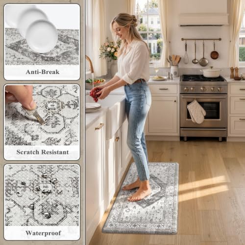 KIMODE Kitchen Mats Cushioned Anti Fatigue, Boho Vintage Kitchen Rugs Grey