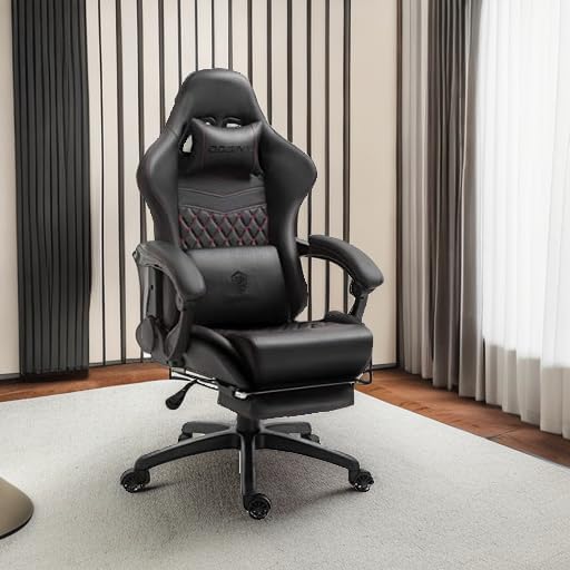 Dowinx Gaming/Office PC Chair with Massage Lumbar Support, Vintage Style PU Leather High Back Adjustable Swivel Task Chair with Footrest (Black and Red)
