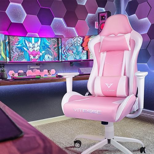 Gaming Chair High Back Gaming Chair for Teens, Ergonomic Racing Chair Computer Desk Chair with Massage Lumbar Support and Headrest, Cute Gamer Chair with Height Adjustable (Pink)