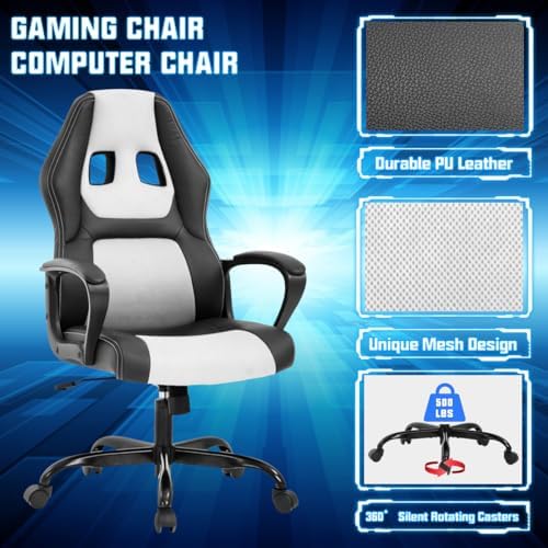 Gaming Chair PC Computer Chair Office Chair for Adult Teen Kids, Ergonomic PU Leather Gamer Chair with Lumbar Support High Back Adjustable Rolling Swivel Desk Chair, White