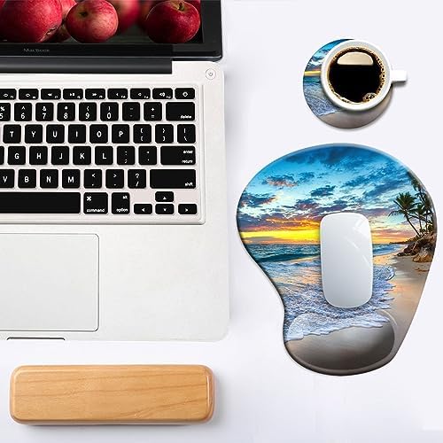 DOOKE Ergonomic Mouse Pad with Wrist Support and Coaster,Mouse Pads with Non-Slip PU Base for Home Office Working Studying Easy Typing & Pain Relief Natural Beach