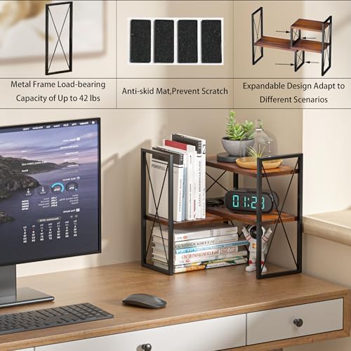 Expandable Desktop Shelf Organizer, 2 Tier Wood Desk Shelf for Office, Metal Corner Bookshelf, Countertop Storage Rack (Brown)