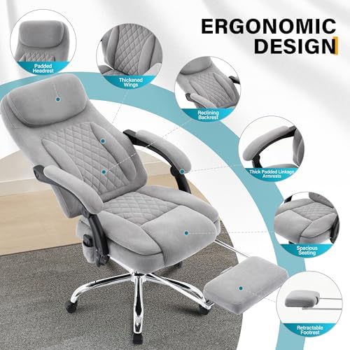 6-Point Massage Office Chair with Heated, Ergonomic Office Chair with Footrest & 45ยฐReclining High Back, Big and Tall Executive Office Chair 500LBS, Thick Cushion Desk Chair for Home Office, Grey