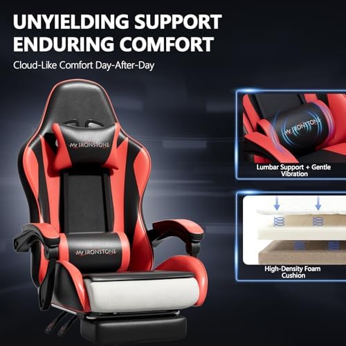 Mr IRONSTONE Red Gaming Chair with Footrest, Ergonomic High Back Gamer Chair with Massage Lumbar Support, Reclining Video Game Chair with Adjustable Headrest, Swivel Computer Desk Chair