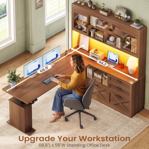 SEDETA 69" L Shaped Standing Desk with 4 Drawers, Storage Bookshelf