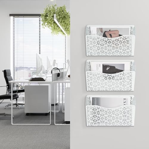 EasyPAG 3 Pack Hollow Design Wall-Mounted File Organizer - Heavy Duty Metal, Vertical Space Saving, Letter Size Single Pocket Holder for Office, Home, School, White