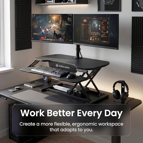 VERSADESK PowerPro Elite Electric Standing Desk Converter - App Controlled Desk Riser with USB Charging Port & LED Lights - Height Adjustable, Fully Assembled & Supports 80 lbs | Black (40” x 24")
