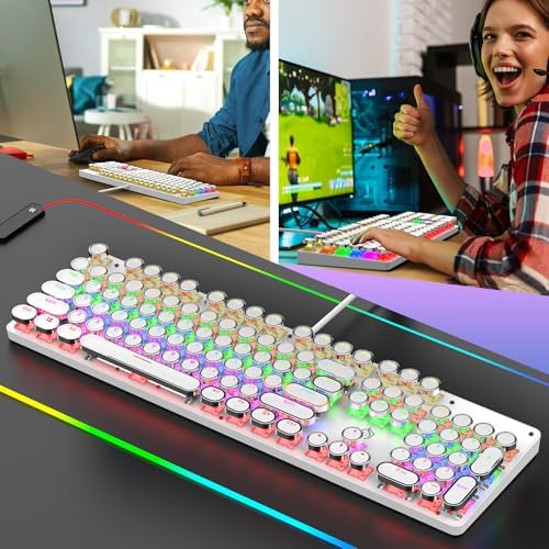 Typewriter Mechanical Gaming Keyboard with RGB Backlit Red Switches, 104 Keys Retro Round Keycap, Wired Typewriter Style Comfortable Typing Soud (L-White)