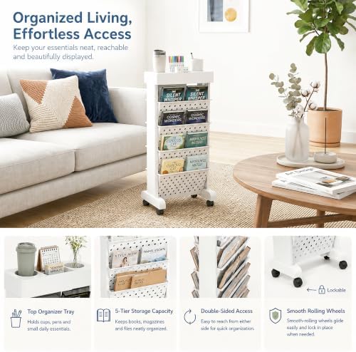5-Tier Rolling Bookshelf Cart with Wheels, White