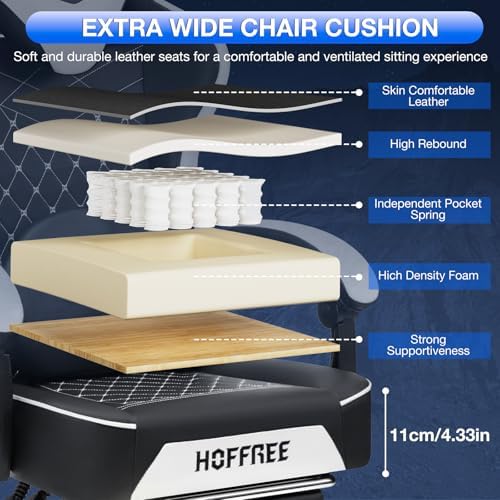 HOFFREE Gaming Chair Computer Chair with Speakers Massage Game Chairs with Footrest Bluetooth High Back Ergonomic Computer Gaming Chairs for Adults Reclining Video Gamer Chair White and Black