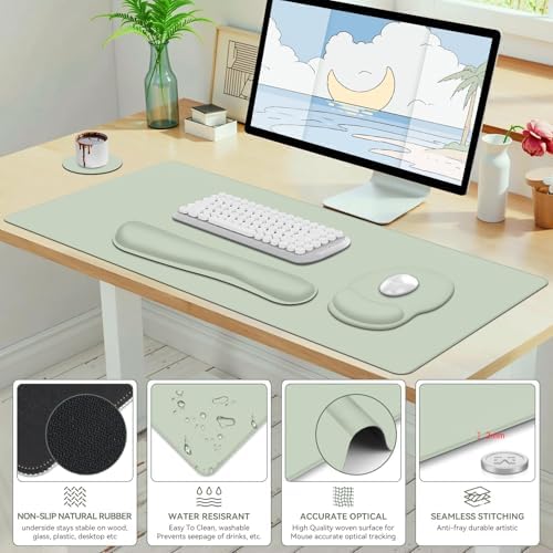 4 PCS Mouse Pad Desk Mat Protector, Keyboard Wrist Rest + Comfortable Mouse Pad with Wrist Rest +Coaster, Large Gaming Mousepad for Computer Laptop, 35.4"X 15.7" Deskpad for Office Home I Bean Green