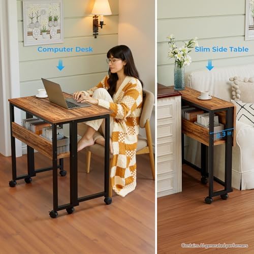 GreenForest Folding Desk with Wheels, 24.8" Rolling Table for Small Spaces