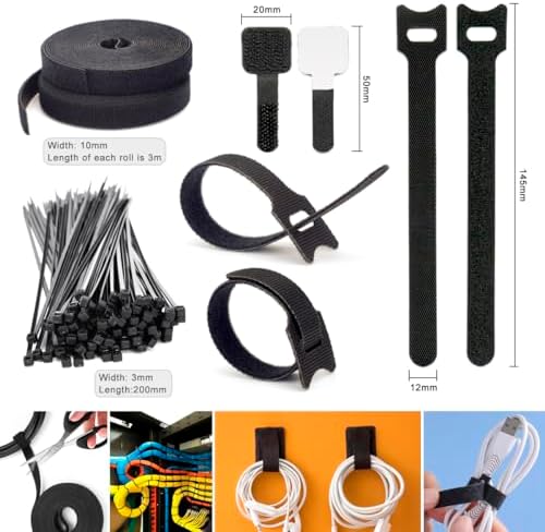 ZIIYAN 163 PCS Cable Management Kit, 3 Wire Organizer Sleeve, 8 Self Adhesive Cable Holder, 25 Cord Clips, 20+2 Roll Reusable Cable Straps and 100 Fastening Cable Ties for Computer TV Under Desk