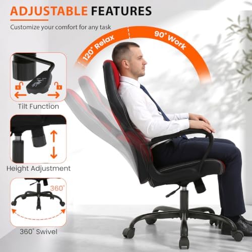 Gaming Chair Ergonomic Office Chair Racing Desk Chair Massage PU Leather Adjustable Chair with Lumbar Support Headrest Armrest Task Rolling Swivel Computer Chair for Adults(Red)
