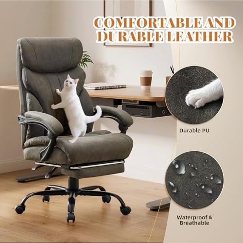 Big and Tall Office Chairs with Foot Rest,500LBS Wide Ergonomic Gaming Chair,100-135°Recline Executive Leather Computer Chairs with Adjustable Height,Gray