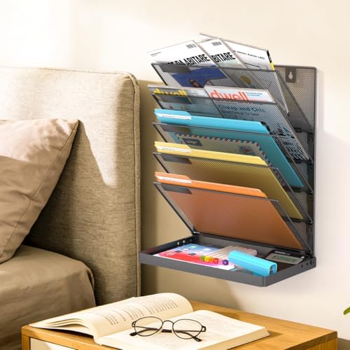 Legal/A4/Letter Size/A3 6 Tier Wall File Organizer,2-in-1 Wall Mounted&Desktop File Holder,2 Installation Methods Screws & Adhesive,Mesh Document Organizer with Label Plate for Home Office