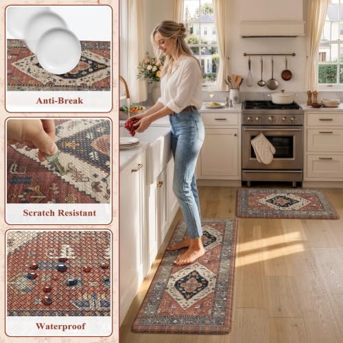 KIMODE Anti Fatigue Kitchen Mats, Boho Distressed Kitchen Rugs Red