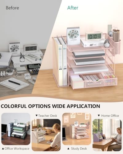 WALI Desk File Organizer, 5 Tier Desktop Paper Letter Tray Organizer with Drawer and 2 Pen Holders, Office Desk Accessories & Workspace Organizers for Office, Home Supplies(DO006DH-P), 1 Pack, Pink