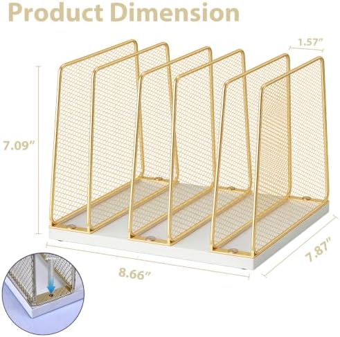 LEKETREE Gold Desk File Organizer, 5-Section Upright File Sorter, Vertical File Folder Holder, Mesh Metal Wood Office Desk Organizer for Document, Magazine, Books and more (White and Gold)