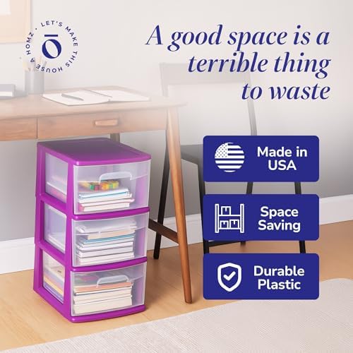 HOMZ Drawer Tower, 3-Tier Storage Cart w/Removable Wheels, Purple, 2 Pack