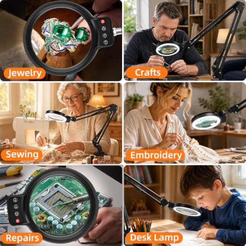 12X 30X Large Magnifying Glass with Light and Clamp,Stand Lighted Magnifier