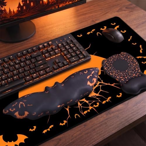 Gaming Mouse Pad XXL with Ergonomic Wrist Support Set, Bat-Themed Desk Mat&Keyboard Wrist Rest&Mouse Pad Wrist Support, Non-Slip Base Pad Set for Home, Office, PC & Laptop(bat Groups)