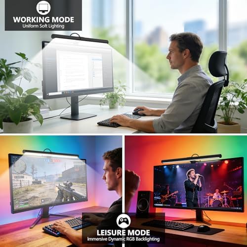 RGB Monitor Light Bar, Eye-Care Dual Light Reading Screen Lamp, 9 Modes Gaming Backlight LED Computer Lamp, 3 Colors Dimmable Frontlight, 15.75'' USB Desk Lights for Home, Office