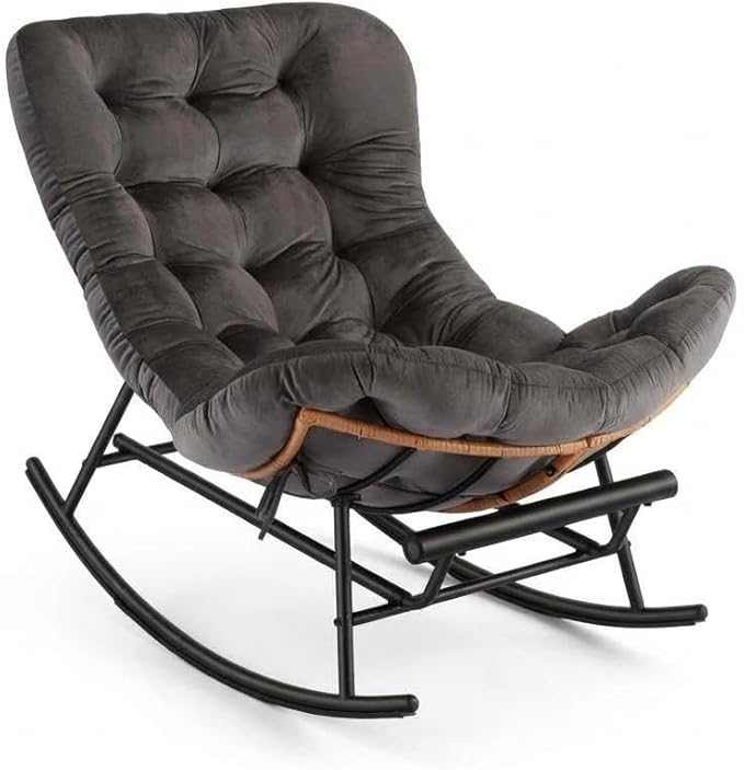 Jojoka Oversized Papasan Rocking Chair with Detachable Foot Rest, PE Rattan Rocker with Thick Removable Cushion, Metal Frame Lounge Chair for Indoor Outdoor Patio Garden Porch Living Room