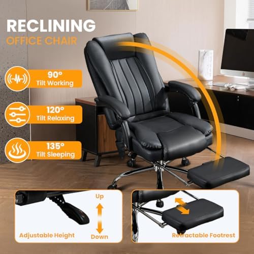 500LBS Massge Office Chair with Foot Rest,6 Points Vibration & Heat Big and Tall Office Chair with Back Support, Ergonomic Comfort 135ยฐ Reclining Desk Chairs Managerial Chairs for Heavy People