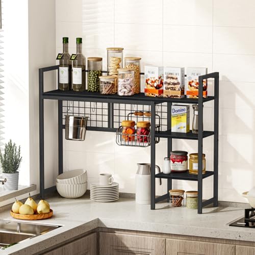 Snughome Desk Shelf, 38.6" Desktop Organizer Shelf, Desk Hutch for Computer Monitor, 4 Tier Desk Display Rack with Pegboard Hooks Set, Wood Desktop Bookshelf for Home Office Dorm, Black