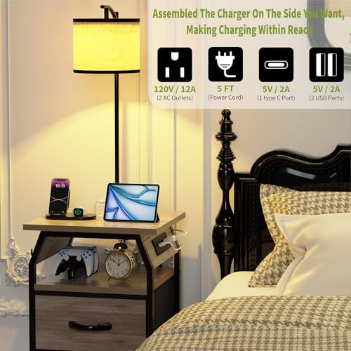 runjuly Floor Lamp with Table, End Table with Light and Charging, Greige