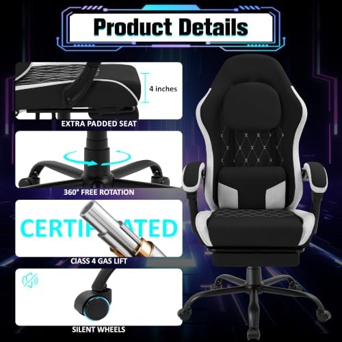 Gaming Chair with Footrest, Ergonomic Fabric Desk Chair, Black