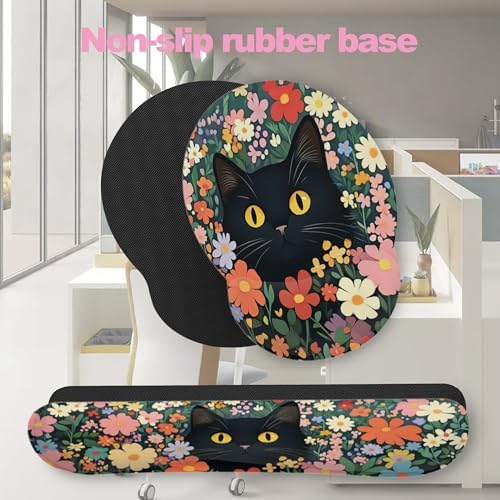 Cute Black Cat Flower Mouse Pad with Wrist Rest Set, 3-in-1 Wrist Support Mousepad Set, Gaming Mat Pad with Anti-Skid Base,Ergonomic Memory Foam Mouse Pad Set for Women, Office, Typing, Gaming