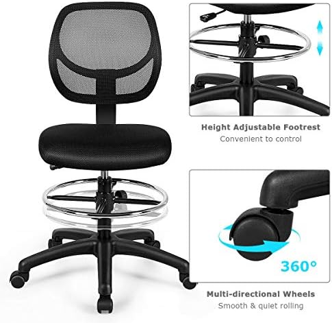 GIANTEX Drafting Chair Tall Office Chair with Back, Height Adjustable Home Office Chair on Wheels, Ergonomic Computer Standing Desk Chair with Footrest Ring for Bedroom, Black
